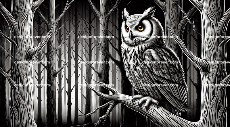 owl on a dead branch in creepy dark woods with dead trees