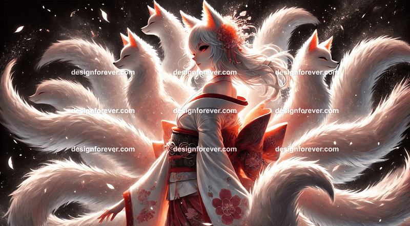 Kitsune in a silk kimono, with multiple tails glowing faintly, surrounded by mystical foxfire