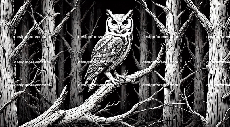 owl on a dead branch in creepy dark woods with dead trees
