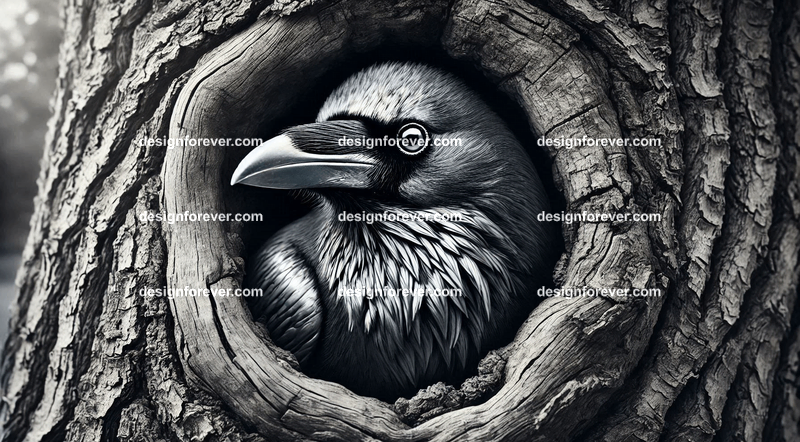 Raven living in tree hole