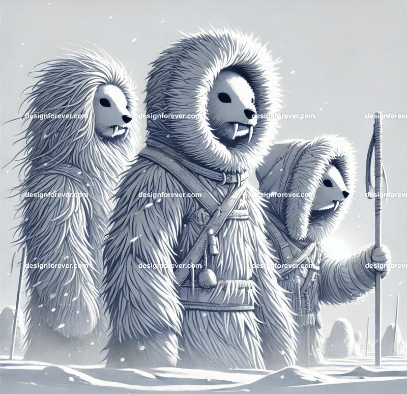 Snow-dwelling anthropomorphs dressed in thick furs