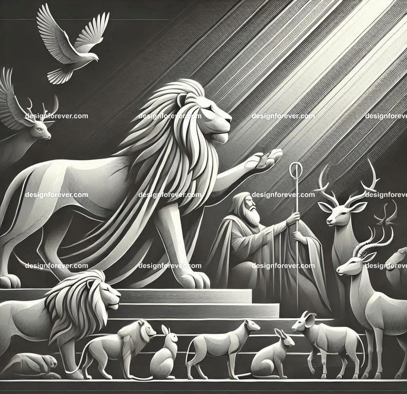 An allegorical piece where a lion king presides over a court of animals