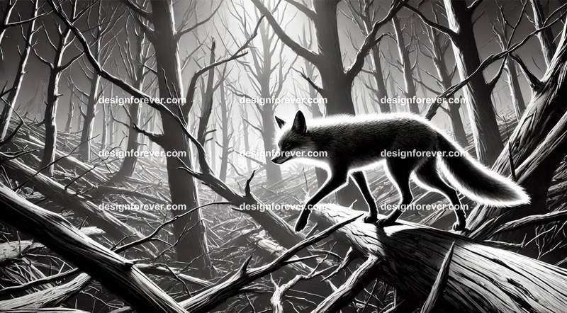 A fox navigating a creep black and white forest and dead trees