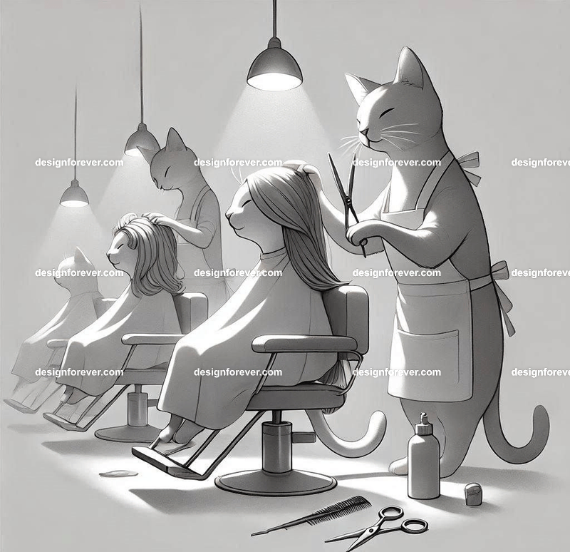 Anthropomorphs cats as hair dressers
