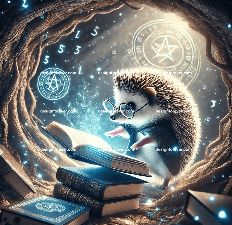 A hedgehog wearing tiny reading glasses, cataloging magical books in a hollow tree filled with glowing runes
