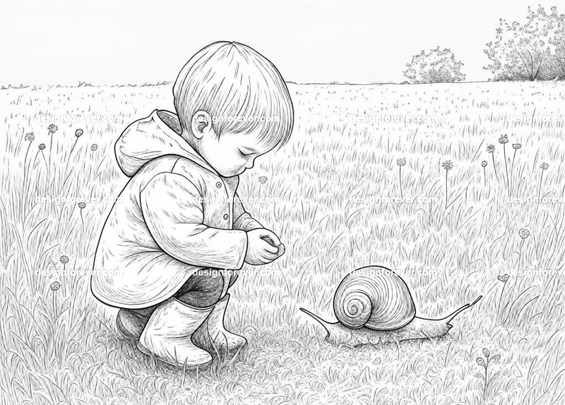 kids looking for snail shells after the rain in country side