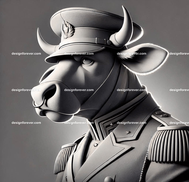 An anthropomorphic cow dressed as a military general