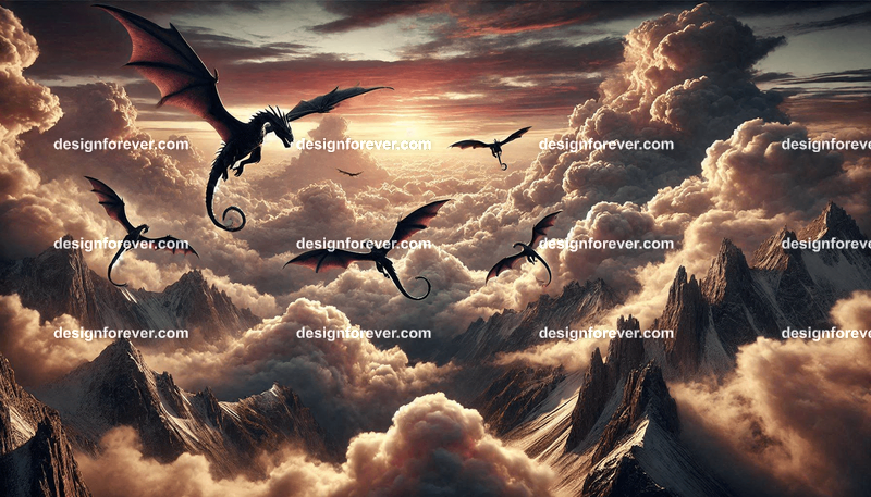 The flight of the dragons above majestic clouds and twilight sky stars