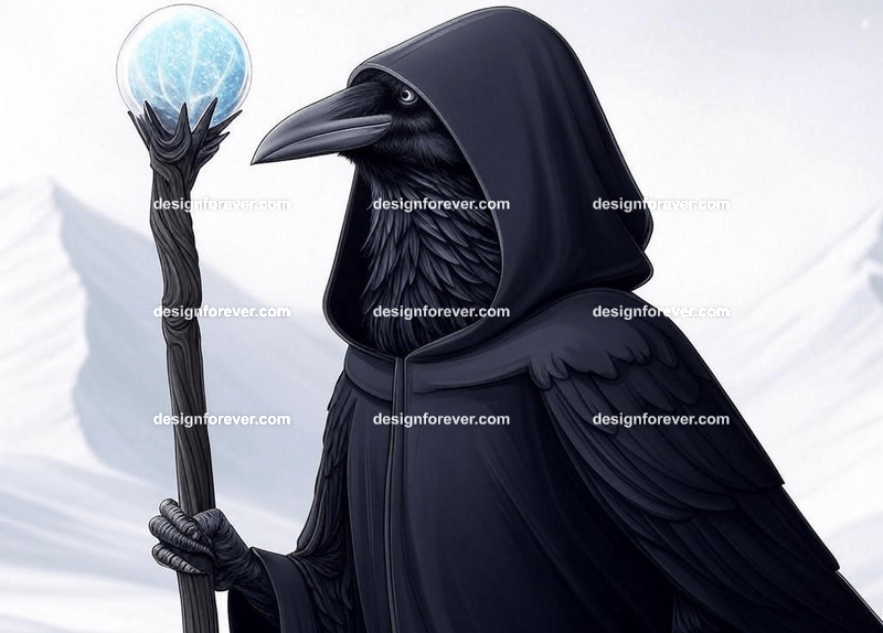Mysterious raven in a dark hooded cloak