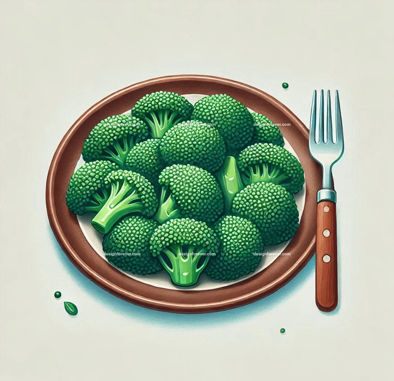 cooked broccoli on plate in style of whimsical children's book