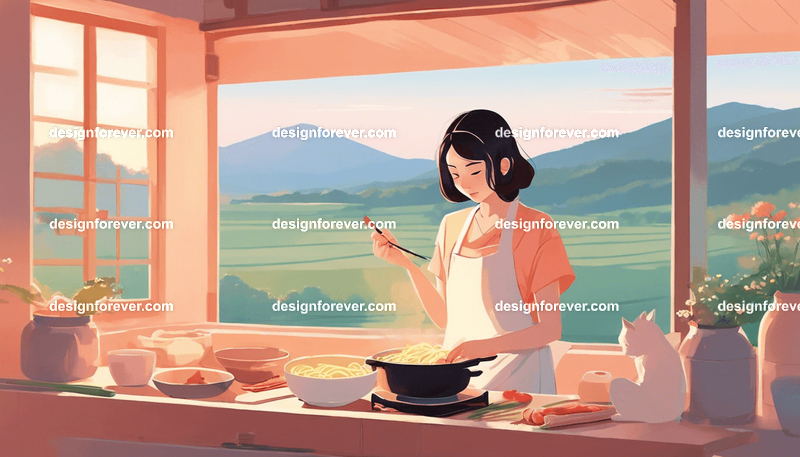 young woman cooking ramen