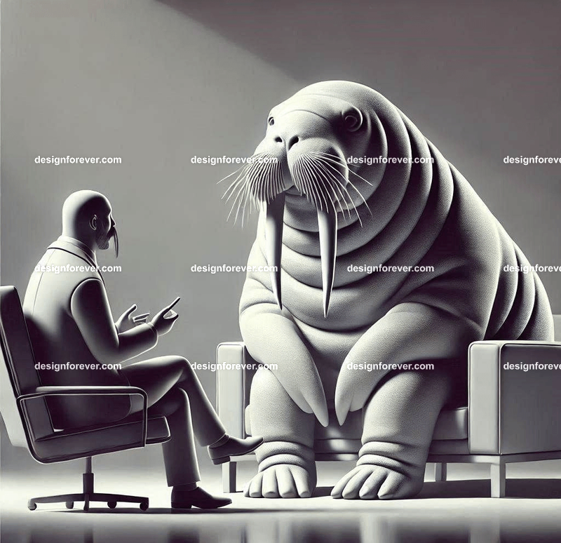 Anthropomorphs walruses as psychiatrist talking to patient on couch