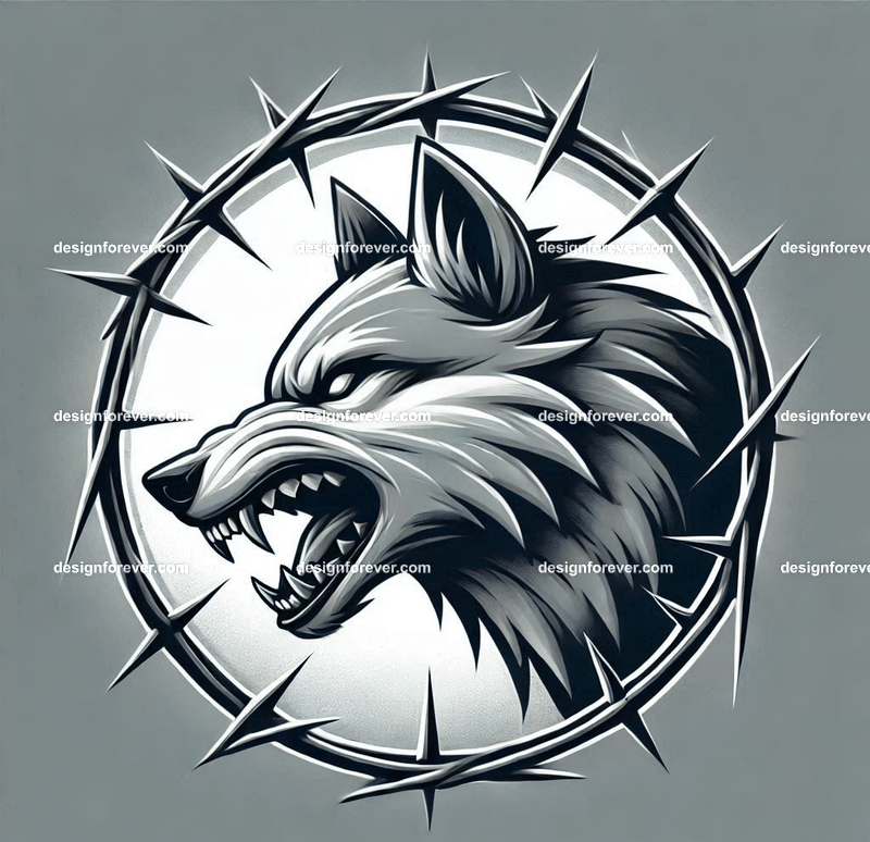 A wolf baring its teeth surrounded by sharp thorns