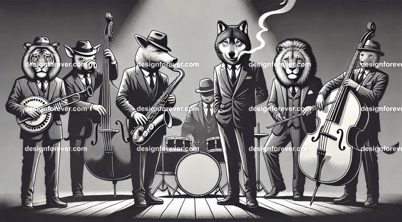 Anthropomorphs pigs and wolves and lions as 1920s jazz musicians with suits, fedoras, and instruments in dark smoky room
