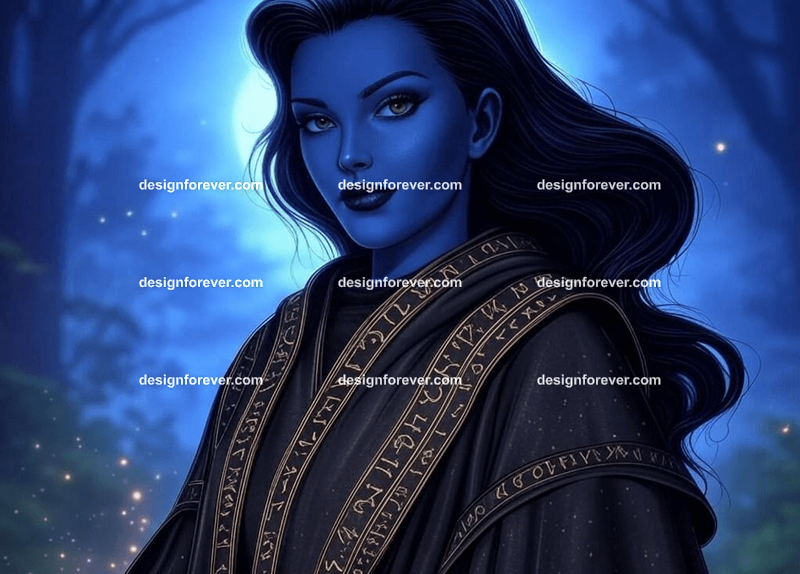 beautiful woman but with raven skin instead of human skin wearing black robe of magician with runes