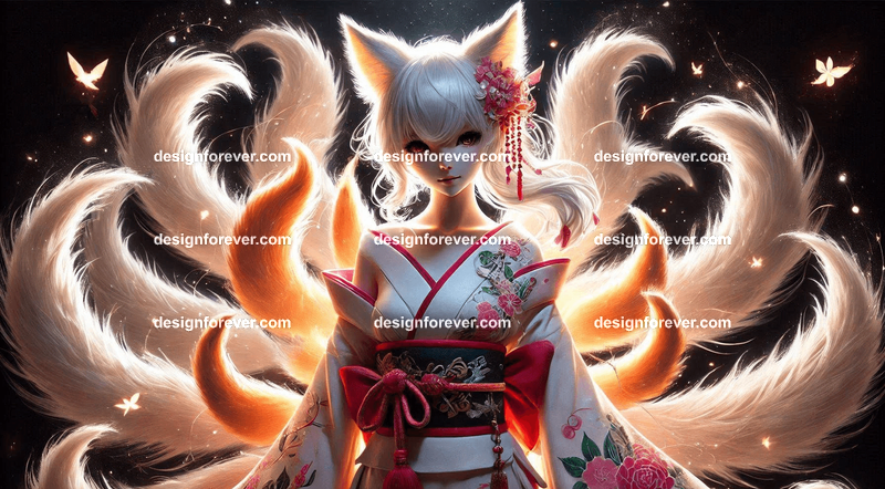 Kitsune in a silk kimono, with multiple tails glowing faintly, surrounded by mystical foxfire