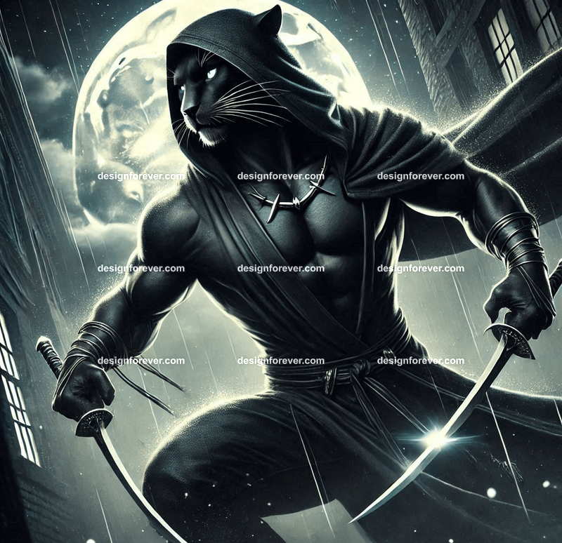 Sleek panther dressed in a dark hooded cloak, dual