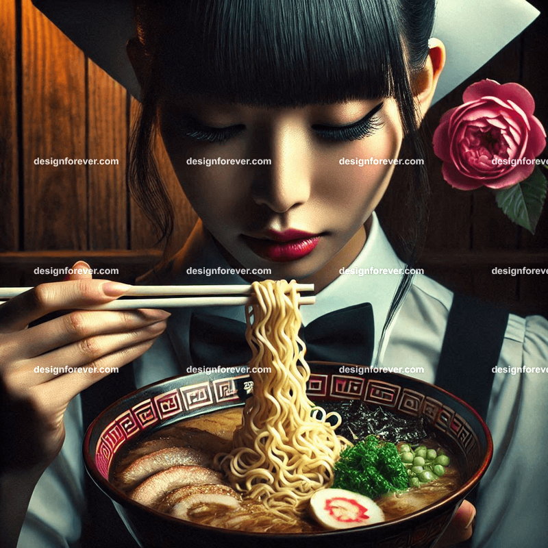 tokyo hostess eating bowl of ramen closeup extreme contrast