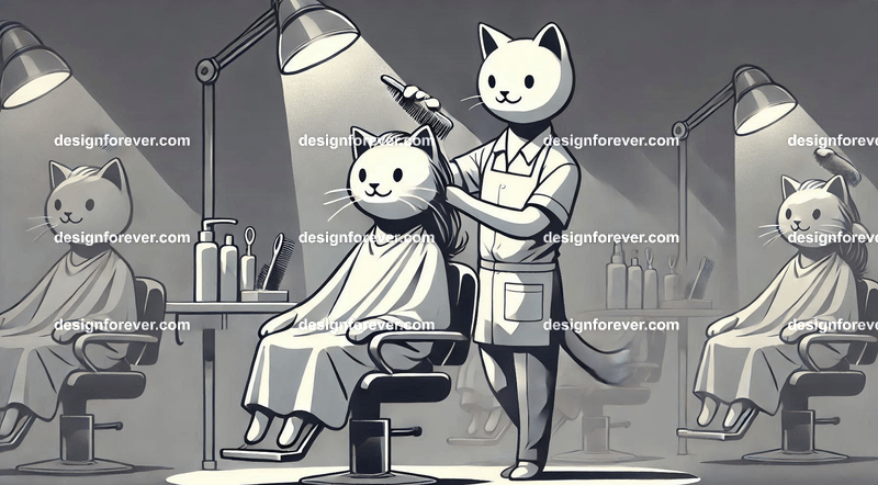 Anthropomorphs cats as hair dressers
