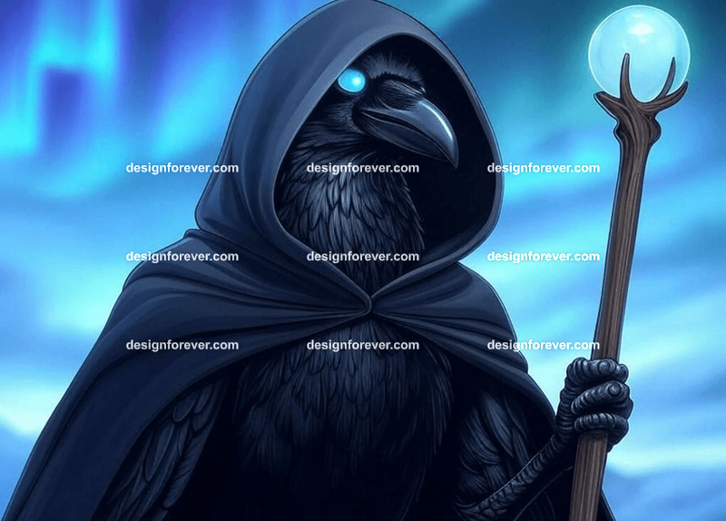 Mysterious raven in a dark hooded cloak