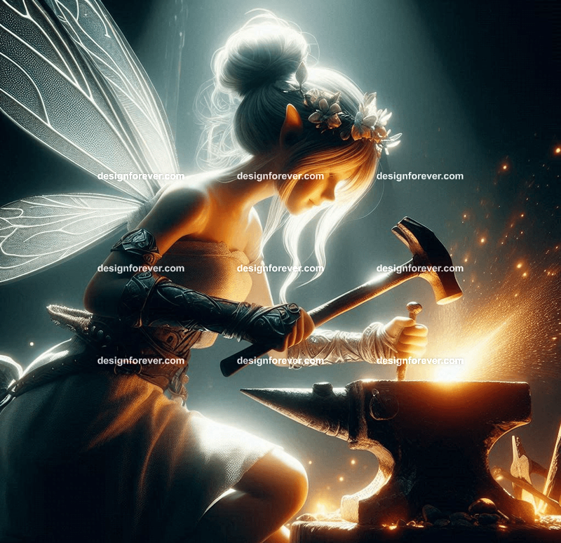 "A tiny fairy hammering glowing metal on a miniature forge, surrounded by enchanted tools and glowing embers