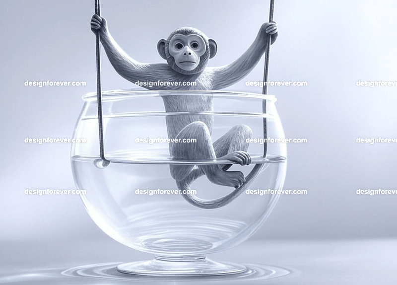glass monkey swinging within glass bowl like a snow globe