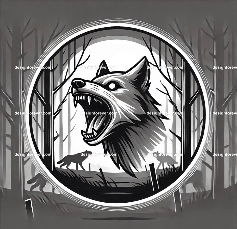 A wolf baring its teeth in a creepy forest with dead trees, barely visible except for its bright eye masked within perfect circle