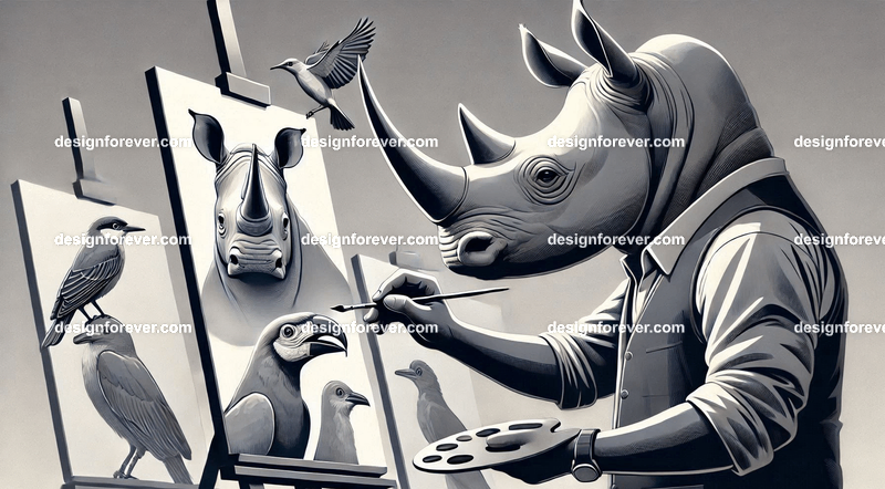 Anthropomorphs rhinos painting portraits of birds