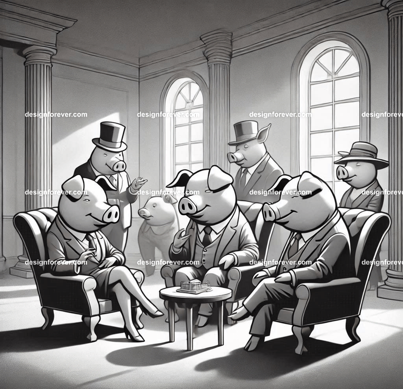 Personified pigs debating politics in a lavish setting