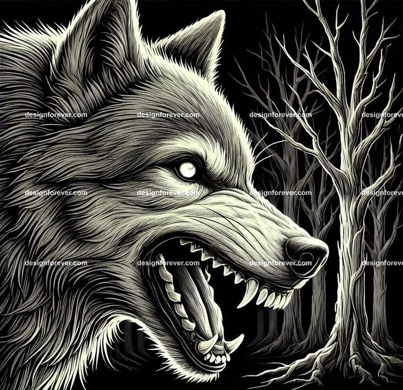 a wolf baring its teeth at you in creepy forest with dead trees