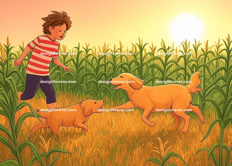 young teen chasing family dog around fields of corn in rural america