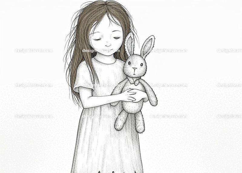little girl holding on to her tattered rabbit stuffed animal