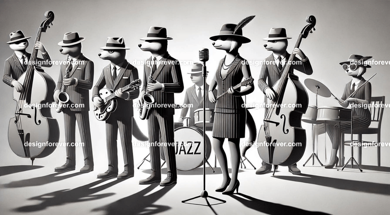 Anthropomorphs as 1920s jazz musicians with suits, fedoras, and instruments