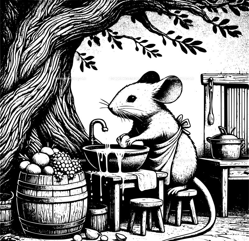 anthromorphic mouse washing vegetables inside room in old oak tree