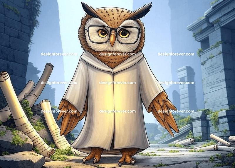 Wise owl wearing glasses and a long robe