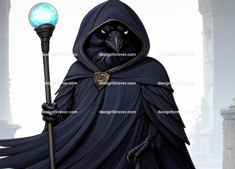 Mysterious raven in a dark hooded cloak