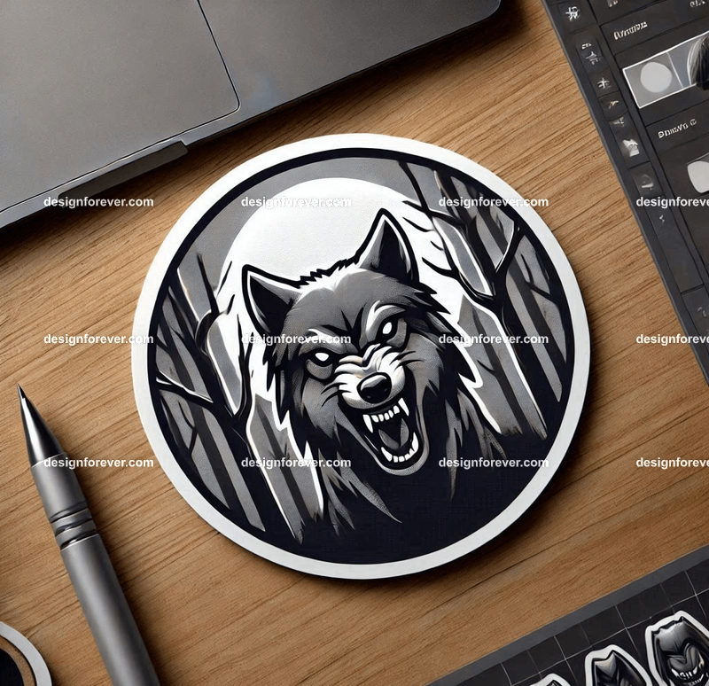 A round sticker depicting A wolf baring its teeth in a creepy forest with dead trees