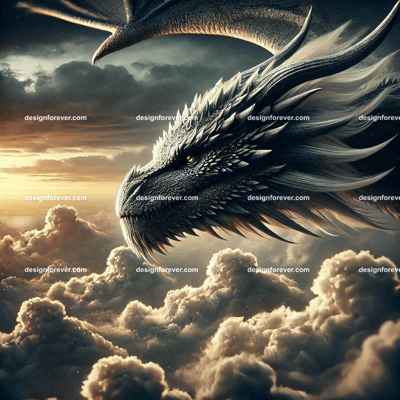 The flight of the dragons above majestic clouds and dark sky