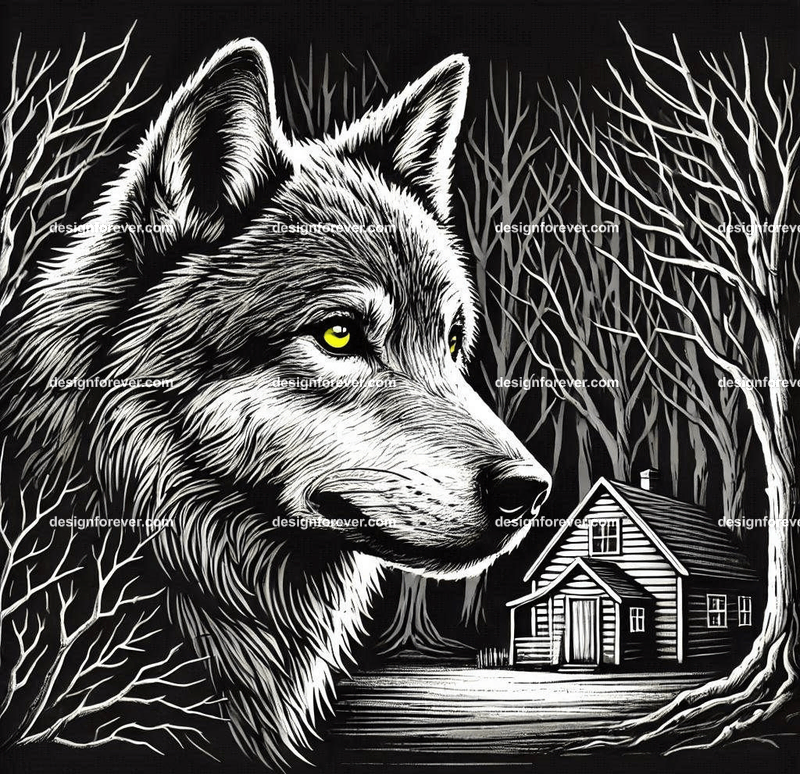 a wolf staring at cottage in woods in a creepy dark woods with dead trees