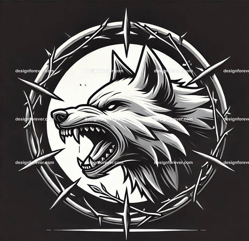 A wolf baring its teeth surrounded by sharp thorns