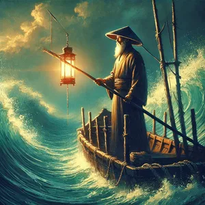 Long fisherman with lantern on boat