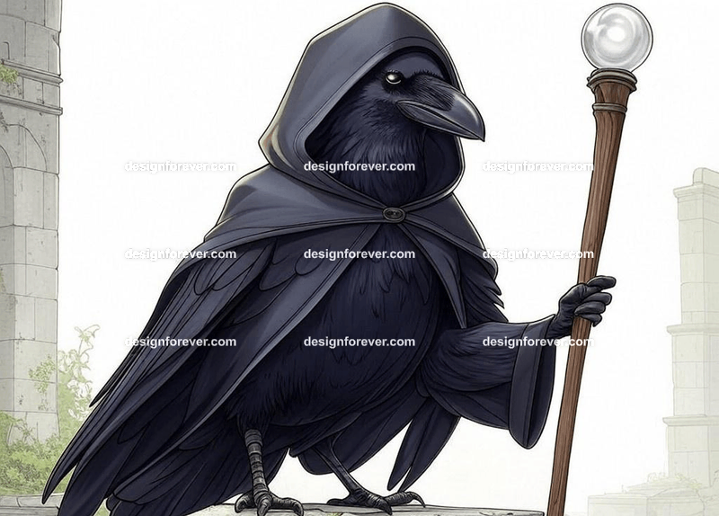 Mysterious raven in a dark hooded cloak
