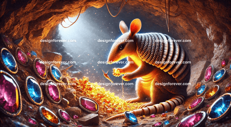 An armadillo meticulously crafting glowing gemstone jewelry in a cozy underground burrow