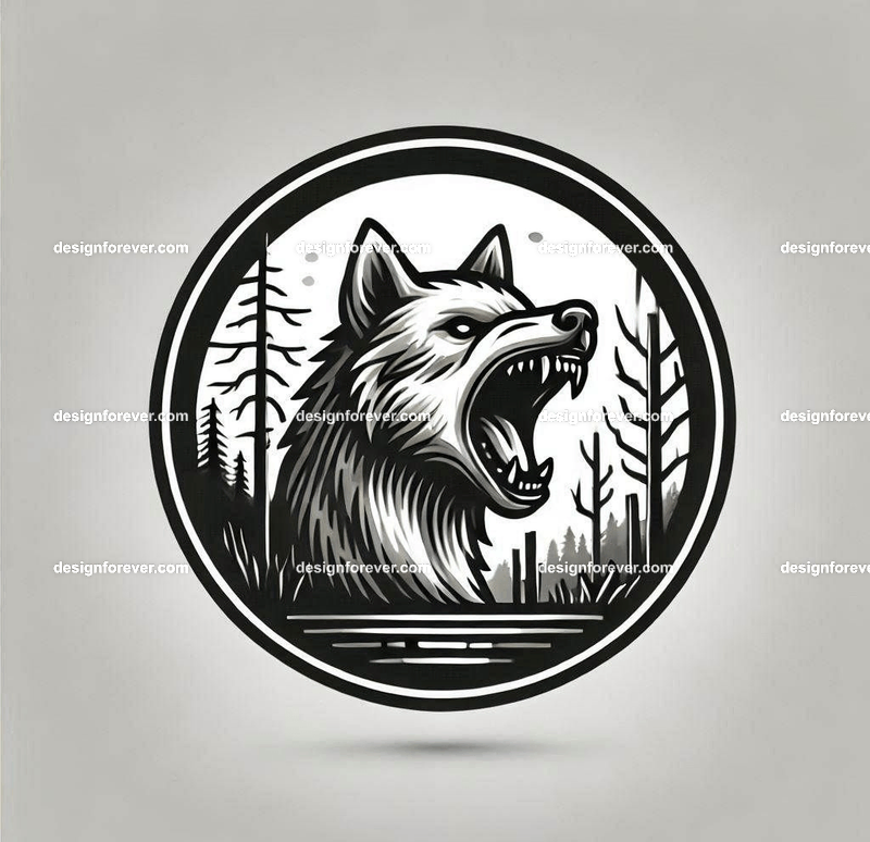 round frame depicting A wolf baring its teeth in a creepy forest with dead trees