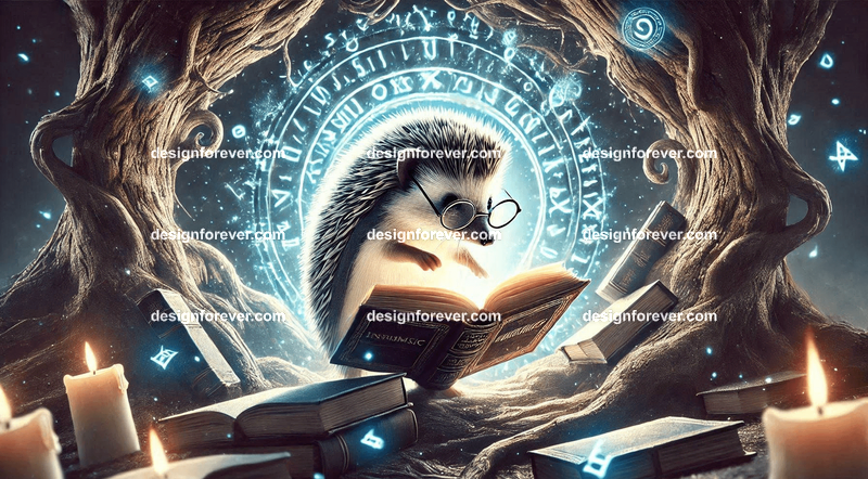A hedgehog wearing tiny reading glasses, cataloging magical books in a hollow tree filled with glowing runes