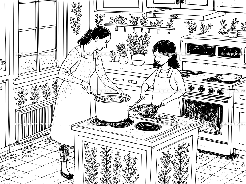 mom cooking vegetable soup in kitchen helped by daughter