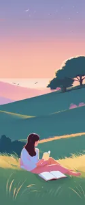young woman with book lying on grass on hillside