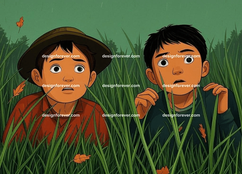 2 teens peering through stalks of grass in forest hunted by poachers
