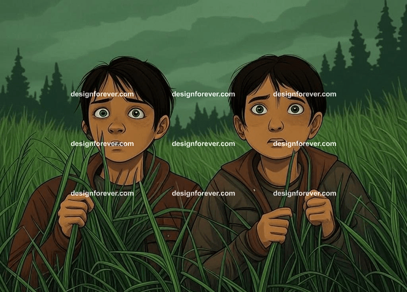 2 teens peering through stalks of grass in forest hunted by poachers