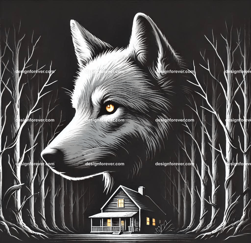 a wolf staring at cottage in woods in a creepy dark woods with dead trees